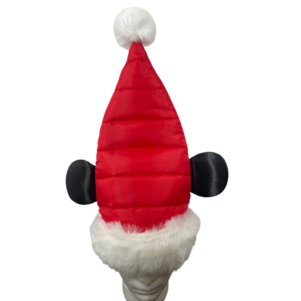 Disney Parks Mickey Mouse Adult Puffer Santa Hat Red Quilted Fur Ears Holiday